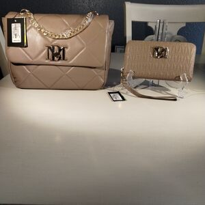 Brand New Badgley Mischka Beige Quilted Handbag and Wallet Set